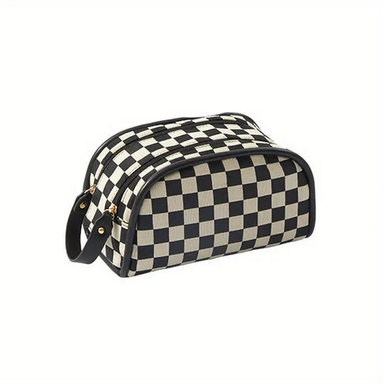 oversized brown checkered makeup cosmetic bag