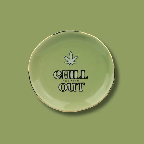 Load image into Gallery viewer, chill the f**k out - round trinket tray w/ pot leaf
