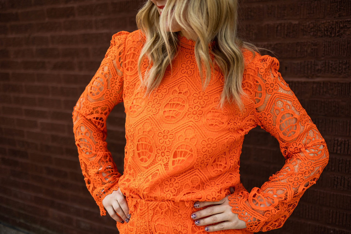 oriane long sleeve lace top in orange