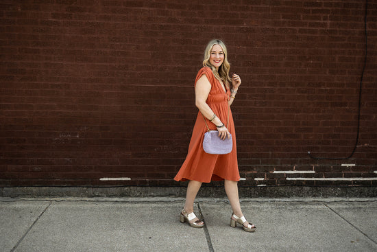lacey dress in brick