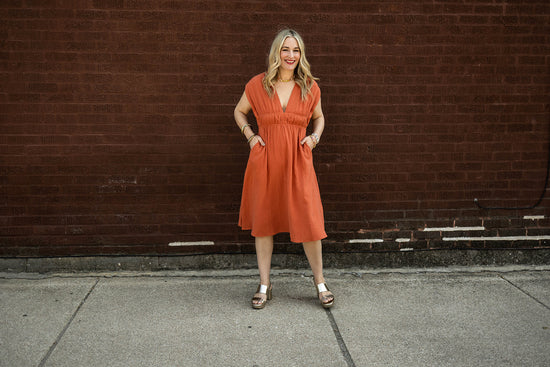 lacey dress in brick