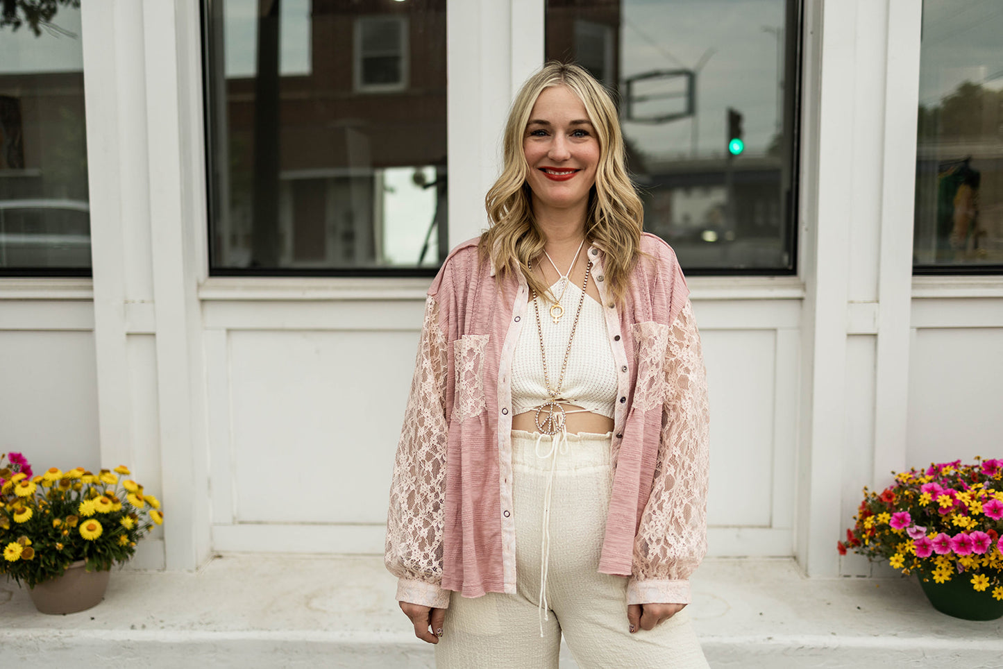 khrissa button down top in pink lace