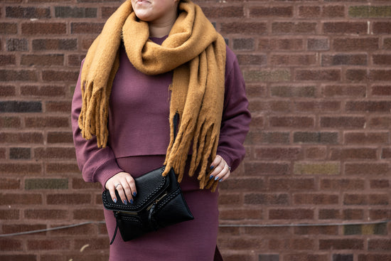 colder weather knit fringe scarf in camel