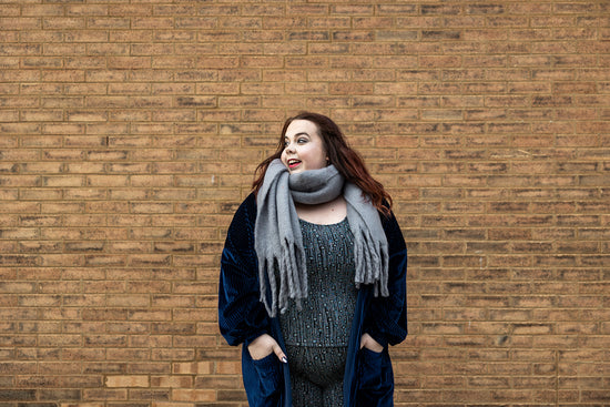 colder weather knit fringe scarf in grey