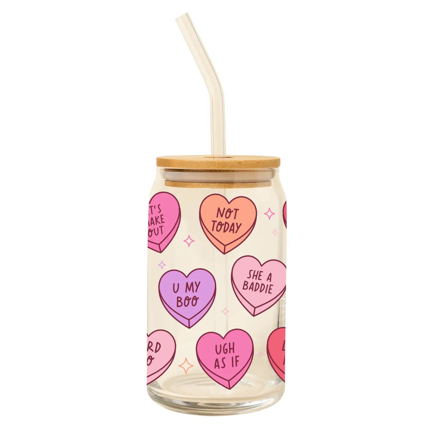 candy hearts glass with lid and straw