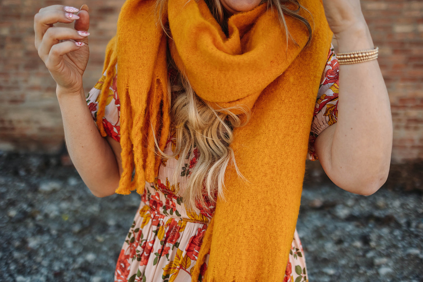 colder weather knit fringe scarf in mustard
